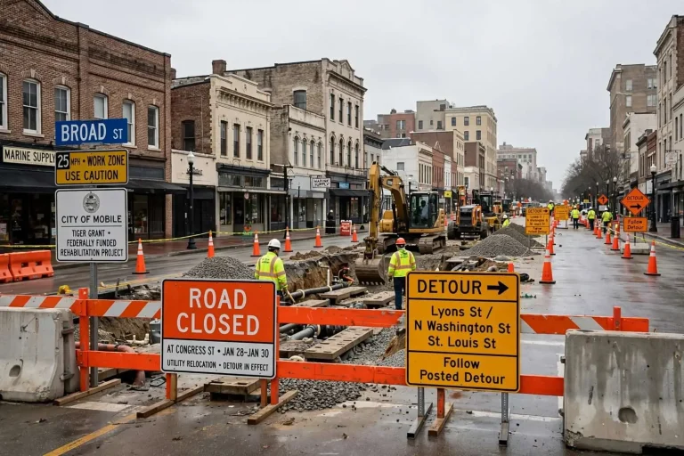 Illustration for the news story: Broad Street closes at Congress for utility work as Mobile’s federal grant project rolls on