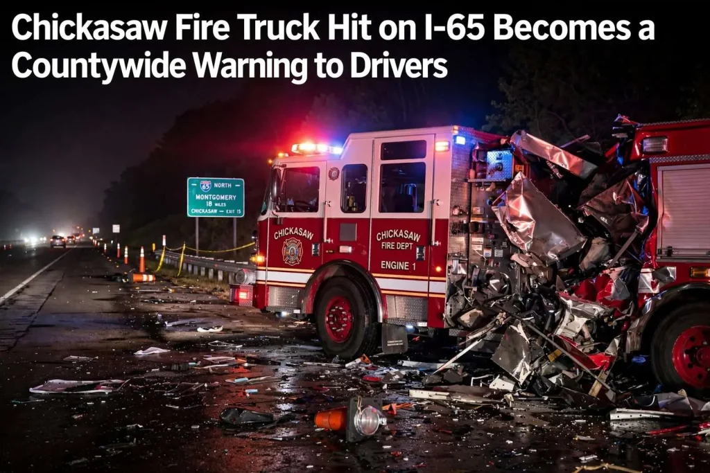Illustration for the news story: Chickasaw Fire Truck Hit on I-65 Becomes a Countywide Warning to Drivers