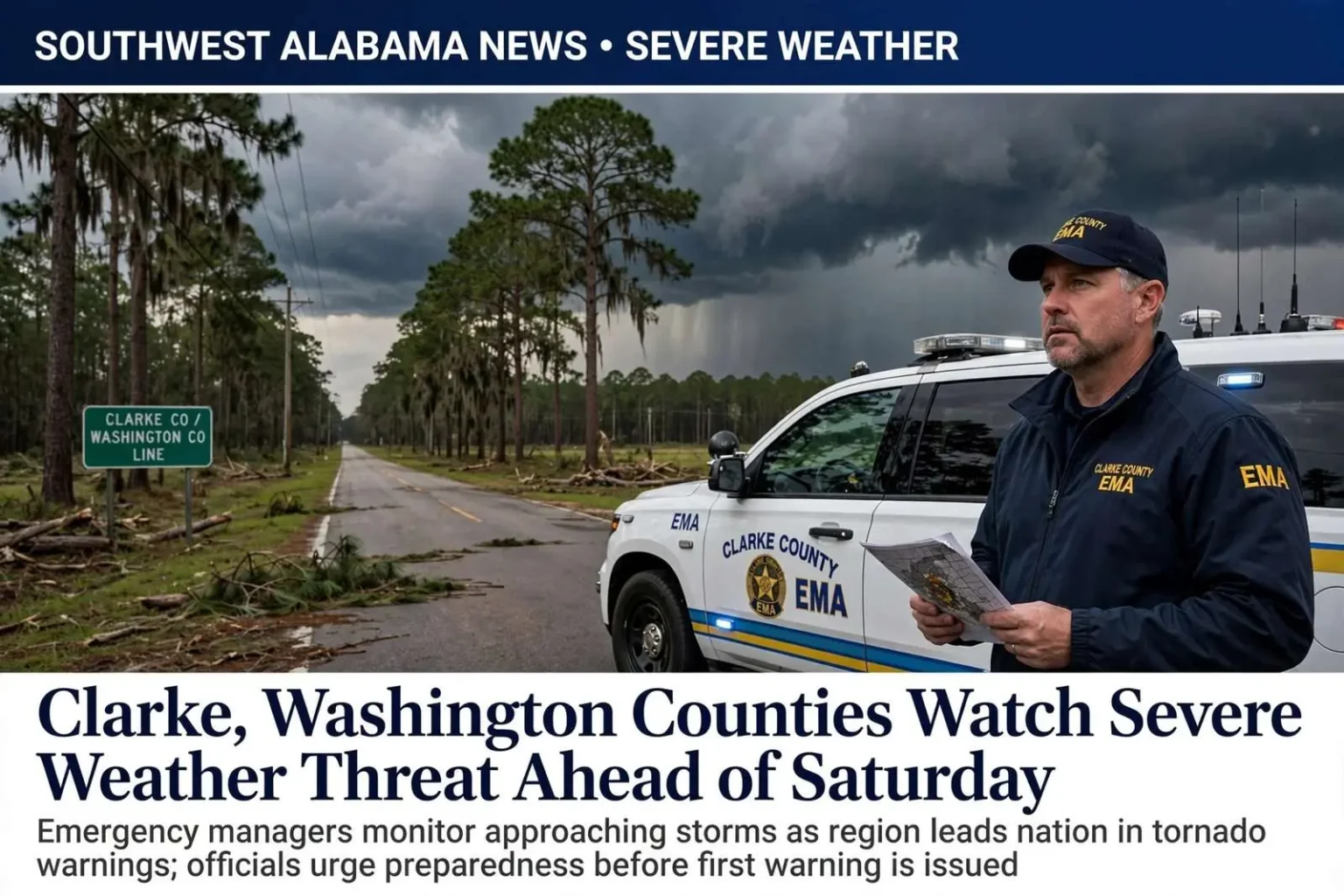 Illustration for the news story: Clarke, Washington Counties Watch Severe Weather Threat Ahead of Saturday