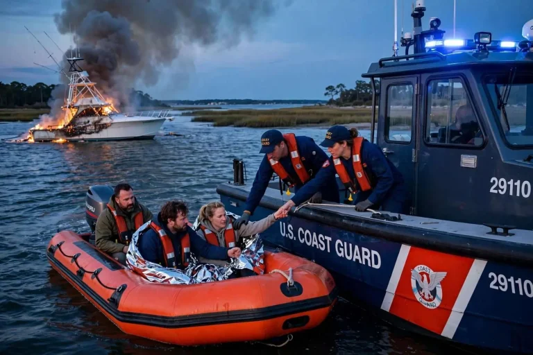 Illustration for the news story: Coast Guard Plucks Three From Life Raft After Boat Fire in Dauphin Island Bay