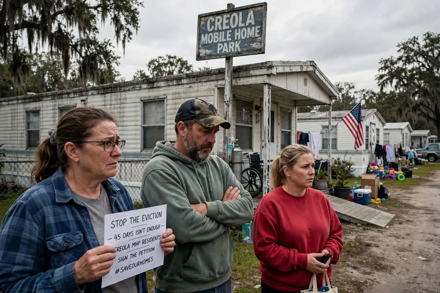 Illustration for the news story: Creola Mobile Home Park Residents Face Eviction After Sudden Land Sale