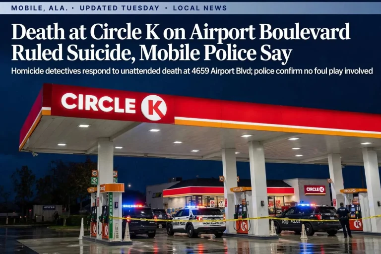 Illustration for the news story: Death at Circle K on Airport Boulevard Ruled Suicide, Mobile Police Say