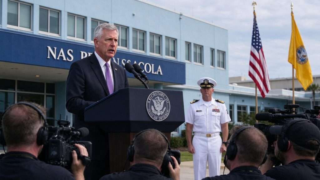 Illustration for the news story: Defense Secretary Esper Visits NAS Pensacola to Outline New Vetting Procedures