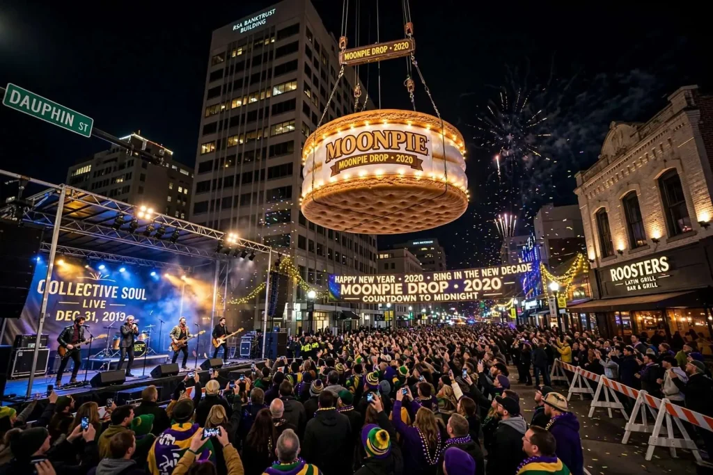Illustration for the news story: Downtown Mobile Rings in New Decade with MoonPie Drop, Then Kicks Off Mardi Gras