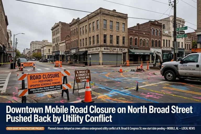 Illustration for the news story: Downtown Mobile Road Closure on North Broad Street Pushed Back by Utility Conflict