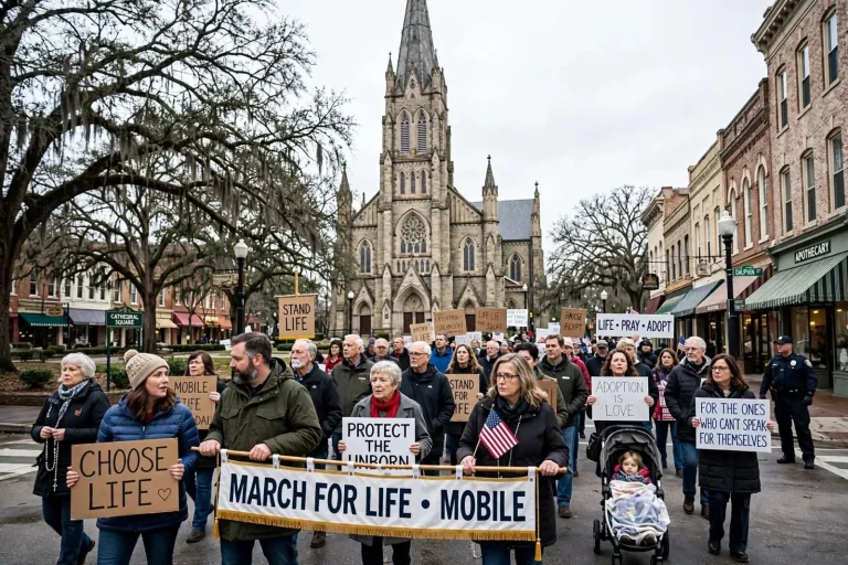 Illustration for the news story: Dozens March for Life Through Downtown Mobile as Alabama Abortion Law Remains Blocked