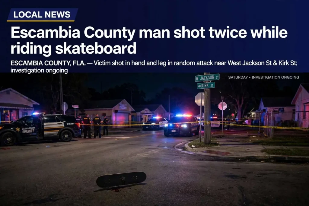 Illustration for the news story: Escambia County man shot twice while riding skateboard