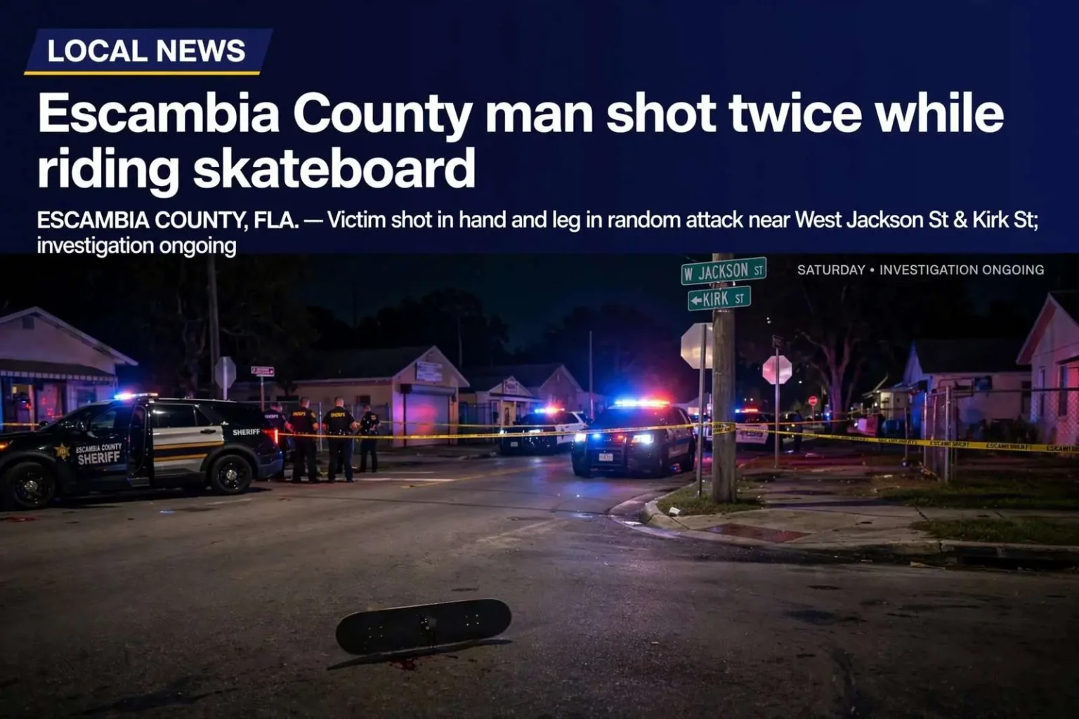 Illustration for the news story: Escambia County man shot twice while riding skateboard