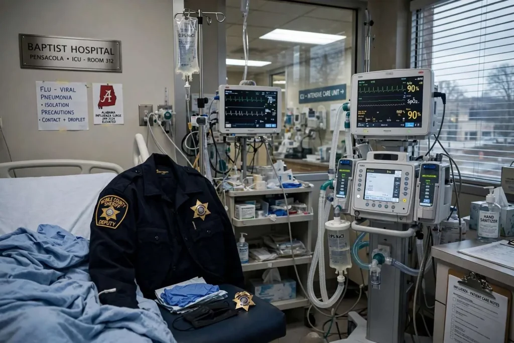 Illustration for the news story: Flu Season Hits Hard in Alabama: CDC Counts 8,200 Deaths Nationwide as Mobile Deputy Fights for His Life