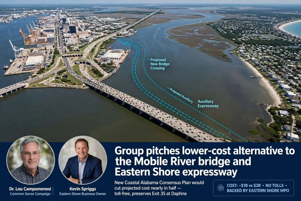 Illustration for the news story: Group pitches lower-cost alternative to the Mobile River bridge and Eastern Shore expressway