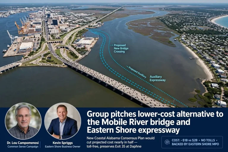 Illustration for the news story: Group pitches lower-cost alternative to the Mobile River bridge and Eastern Shore expressway