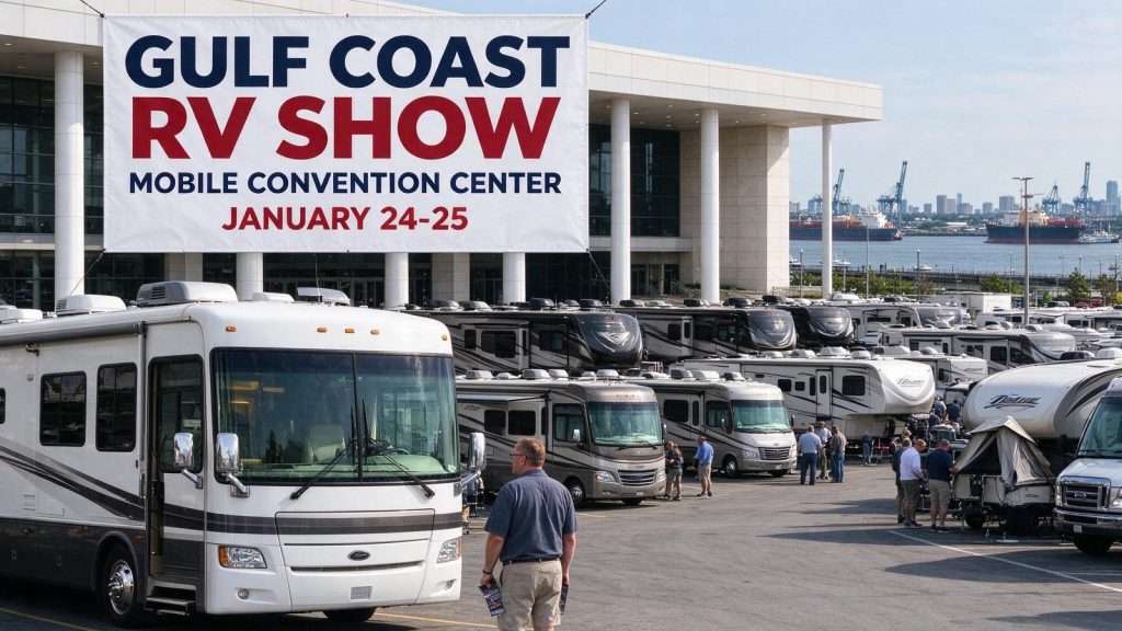 Illustration for the news story: Gulf Coast RV Show Rolls Into the Mobile Convention Center With Campers of Every Size