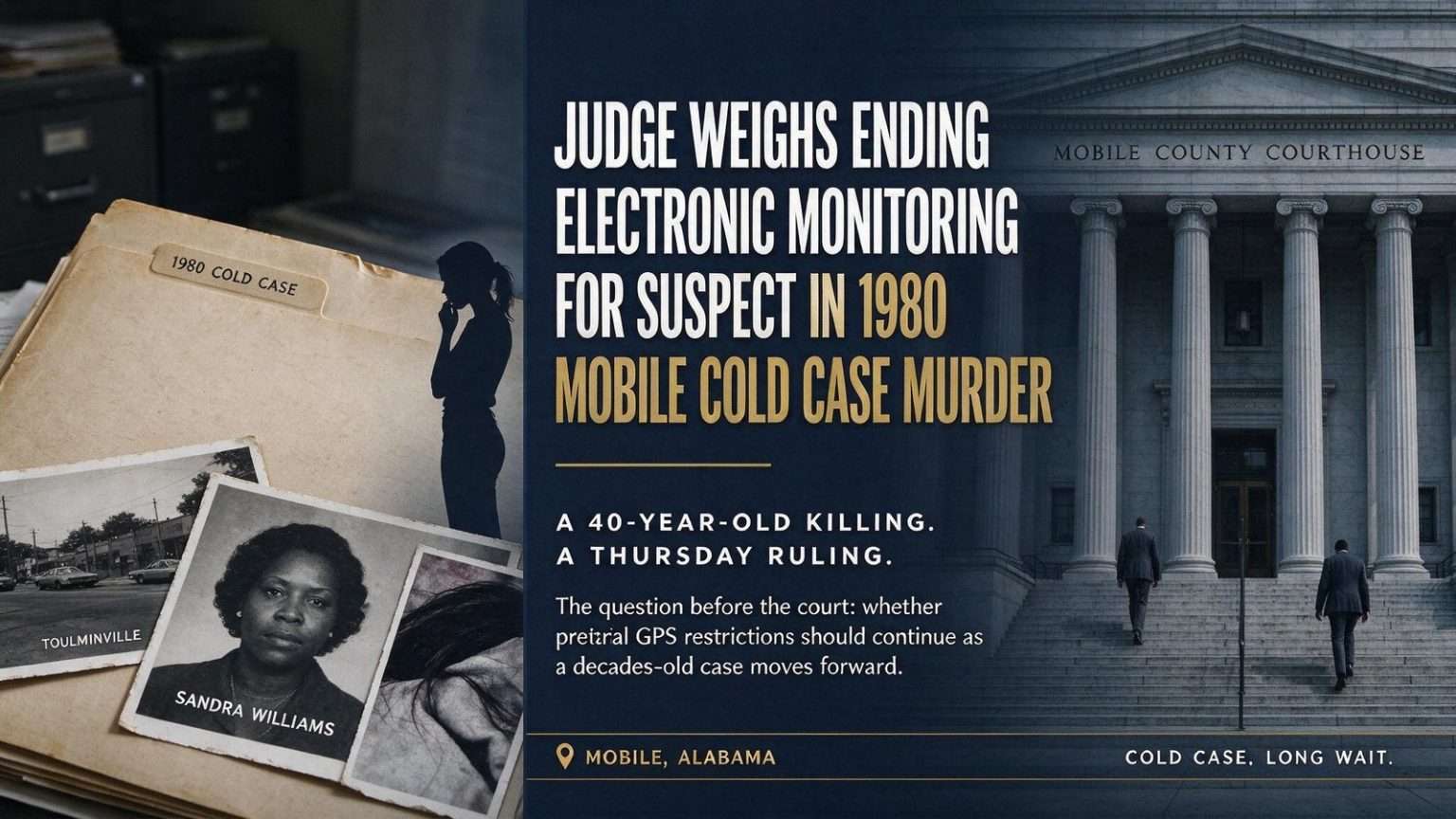 Illustration for the news story: Judge Weighs Ending Electronic Monitoring for Suspect in 1980 Mobile Cold Case Murder
