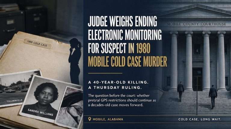 Illustration for the news story: Judge Weighs Ending Electronic Monitoring for Suspect in 1980 Mobile Cold Case Murder