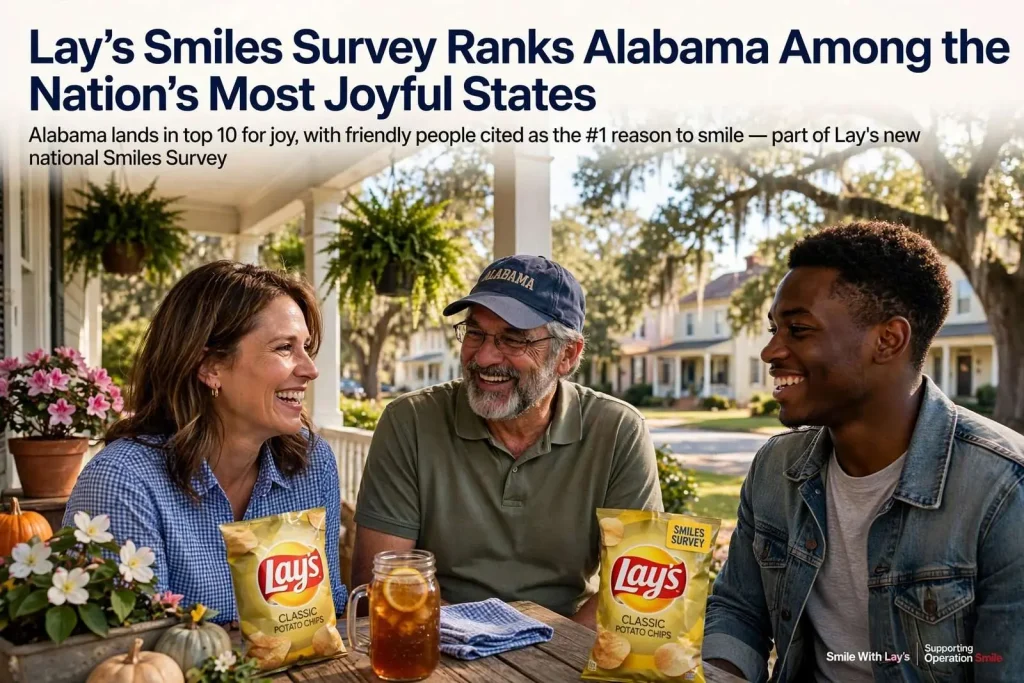 Illustration for the news story: Lay’s Smiles Survey Ranks Alabama Among the Nation’s Most Joyful States