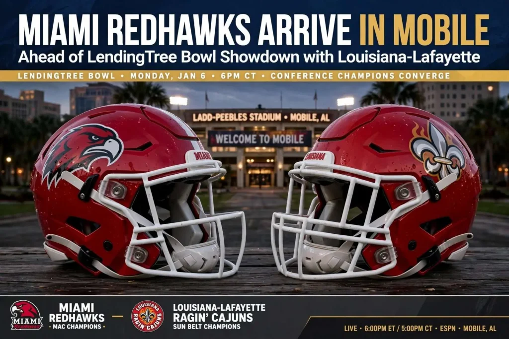 Illustration for the news story: Miami RedHawks Arrive in Mobile Ahead of LendingTree Bowl Showdown with Louisiana-Lafayette