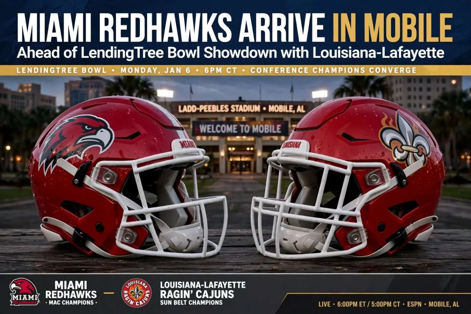 Illustration for the news story: Miami RedHawks Arrive in Mobile Ahead of LendingTree Bowl Showdown with Louisiana-Lafayette