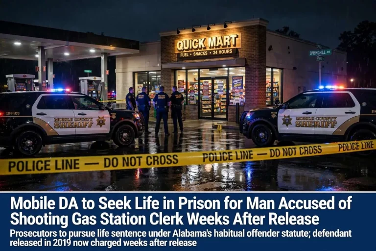 Illustration for the news story: Mobile DA to Seek Life in Prison for Man Accused of Shooting Gas Station Clerk Weeks After Release