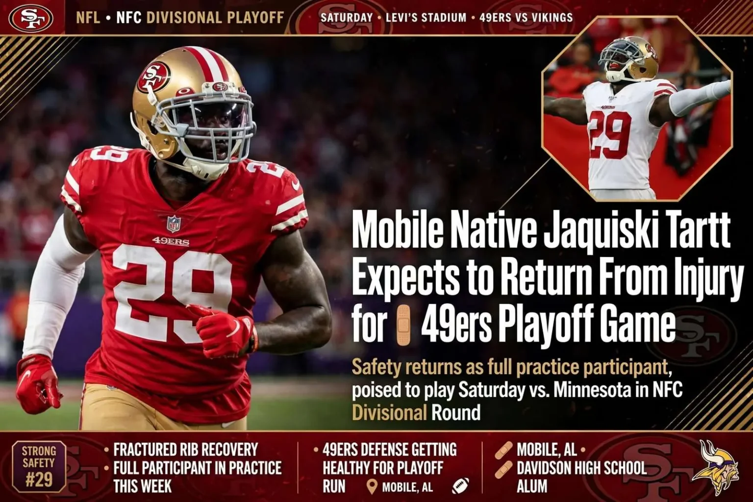 Illustration for the news story: Mobile native Jaquiski Tartt expects to return from injury for 49ers playoff game