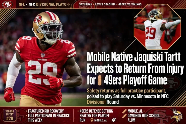 Illustration for the news story: Mobile native Jaquiski Tartt expects to return from injury for 49ers playoff game