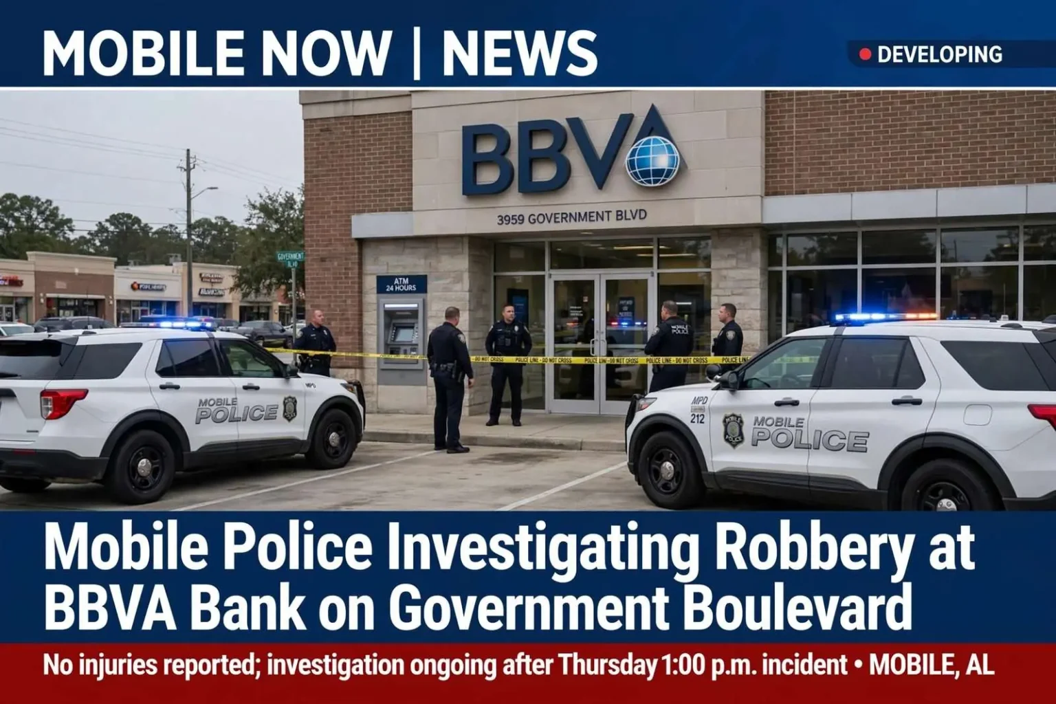 Illustration for the news story: Mobile Police Investigating Robbery at BBVA Bank on Government Boulevard