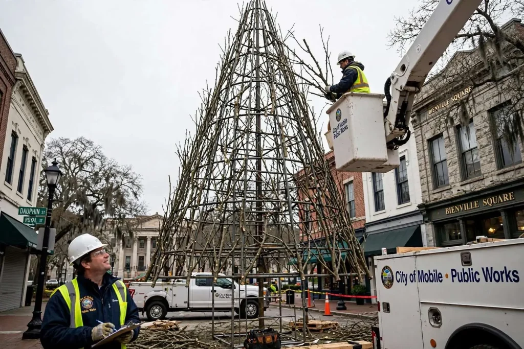 Illustration for the news story: Mobile’s Mardi Gras Tree Gets Its Branches as Carnival Season Nears