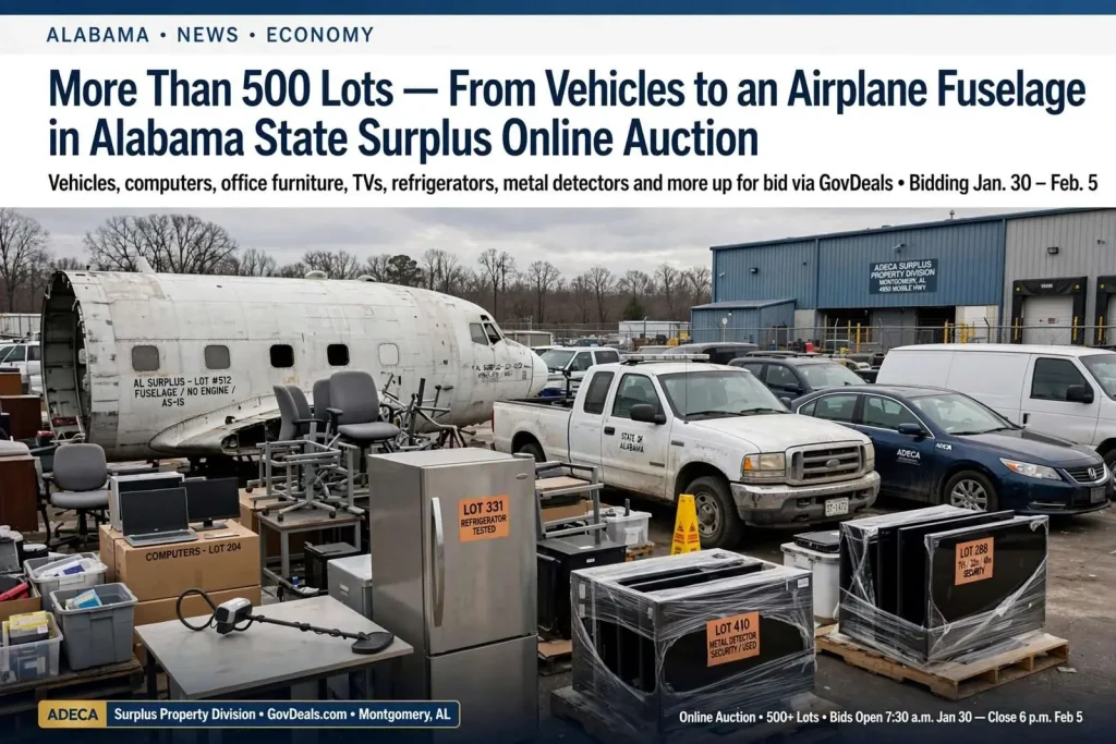 Illustration for the news story: More Than 500 Lots — From Vehicles to an Airplane Fuselage — in Alabama State Surplus Online Auction