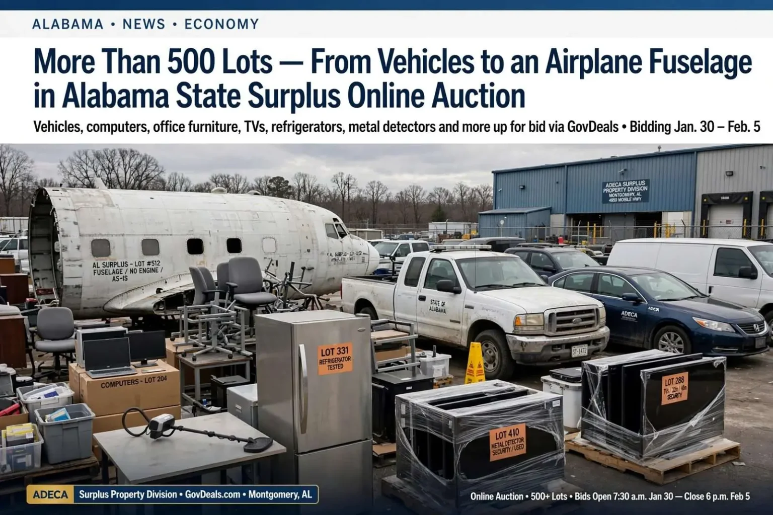 Illustration for the news story: More Than 500 Lots — From Vehicles to an Airplane Fuselage — in Alabama State Surplus Online Auction