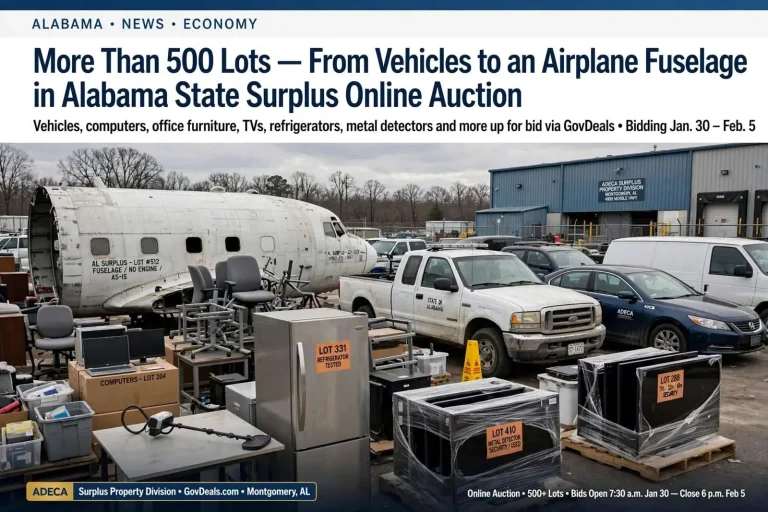 Illustration for the news story: More Than 500 Lots — From Vehicles to an Airplane Fuselage — in Alabama State Surplus Online Auction