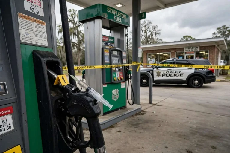 Illustration for the news story: Motorist Stuck by Hypodermic Needle Left on Gas Pump Handle in Stapleton