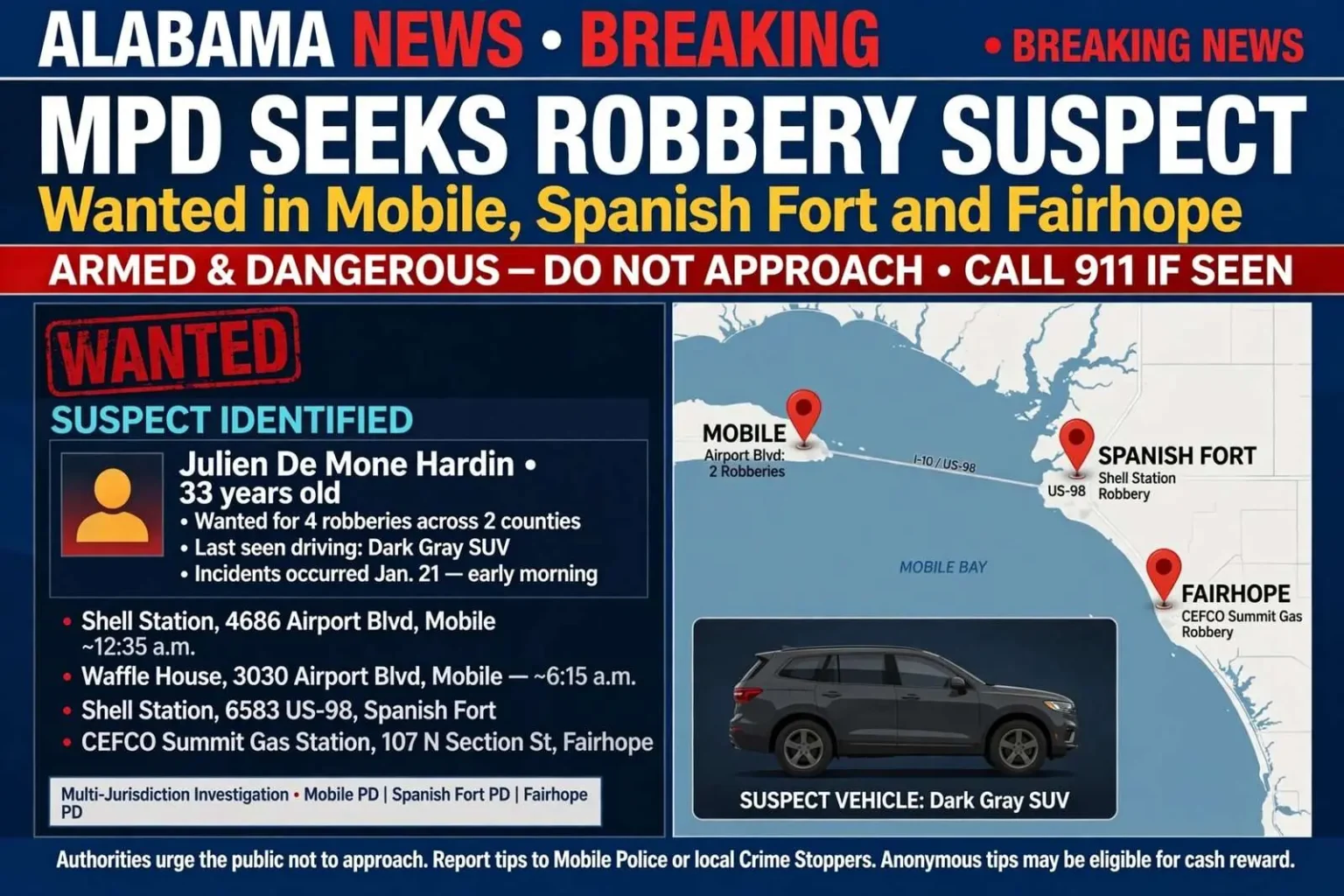 Illustration for the news story: MPD Seeks Robbery Suspect Wanted in Mobile, Spanish Fort and Fairhope