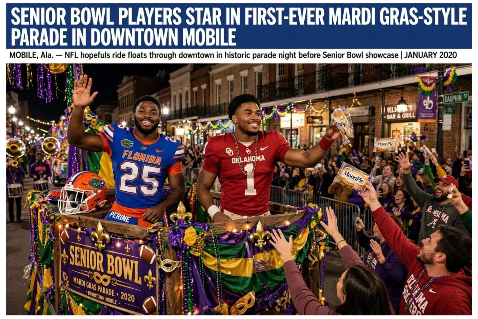 Illustration for the news story: Senior Bowl Players Star in First-Ever Mardi Gras-Style Parade in Downtown Mobile