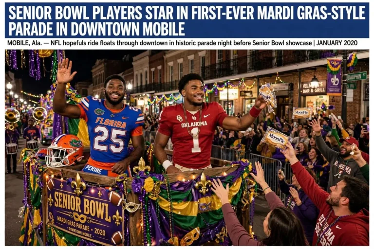 Illustration for the news story: Senior Bowl Players Star in First-Ever Mardi Gras-Style Parade in Downtown Mobile