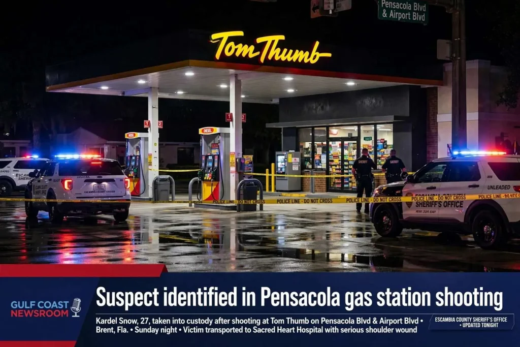 Illustration for the news story: Suspect identified in Pensacola gas station shooting