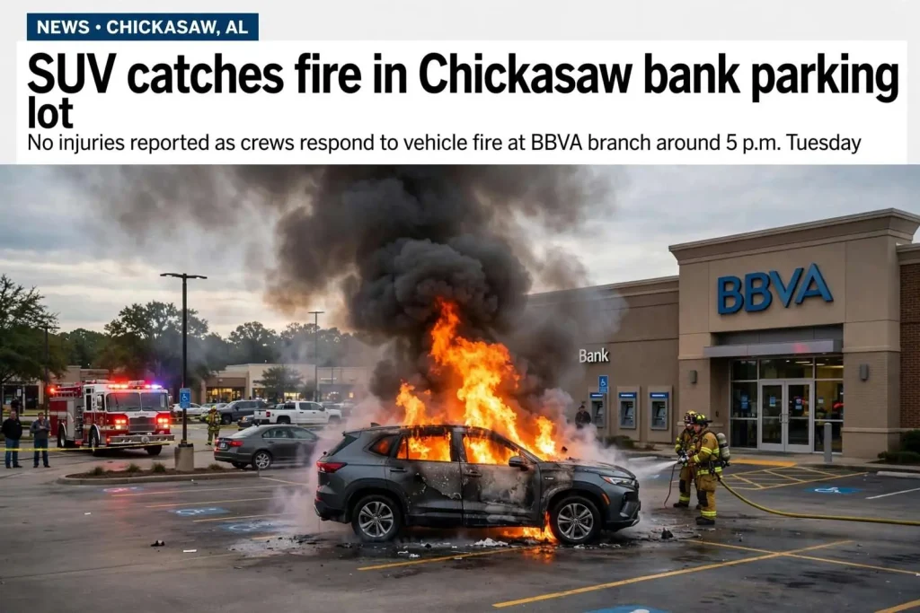 Illustration for the news story: SUV catches fire in Chickasaw bank parking lot