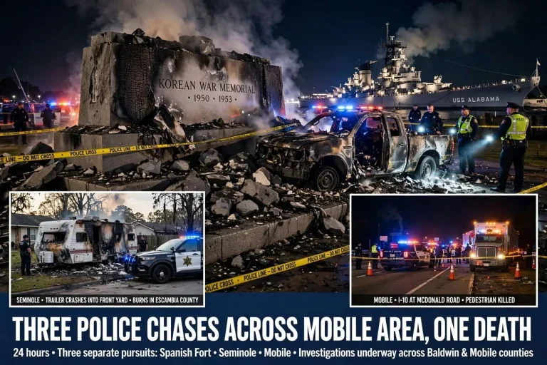 Illustration for the news story: Three police chases across Mobile area end in crashes, one death