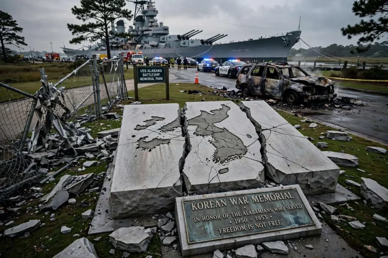 Illustration for the news story: Vehicle crashes into Korean War Memorial at USS Alabama Battleship Park