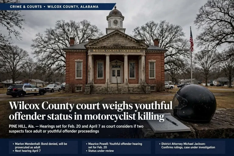 Illustration for the news story: Wilcox County court weighs youthful offender status in motorcyclist killing