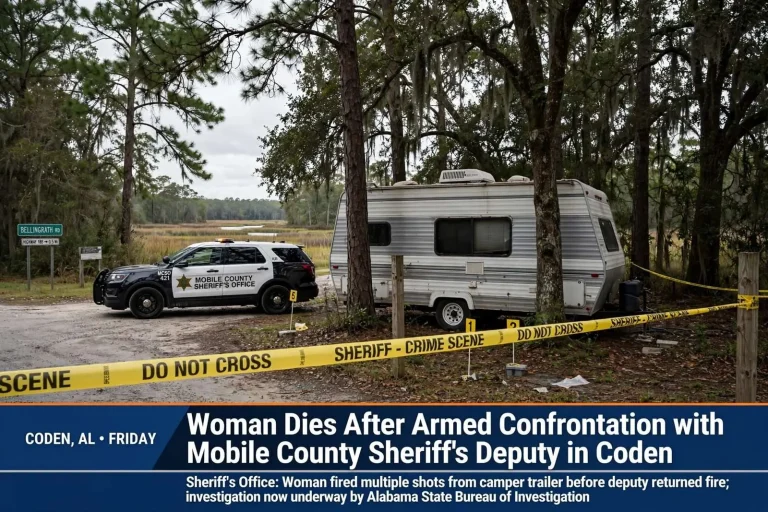 Illustration for the news story: Woman dies after armed confrontation with Mobile County sheriff’s deputy in Coden