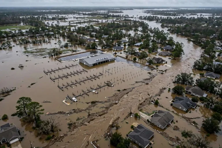 Illustration for the news story: Aerial Footage Shows Steele Creek Marina Underwater as Flooding Hits Satsuma and Saraland