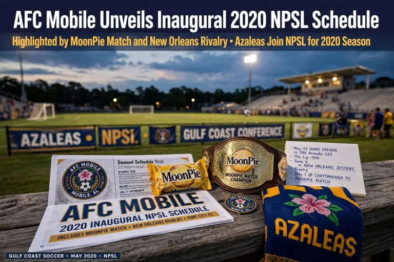 Illustration for the news story: AFC Mobile Unveils Inaugural 2020 NPSL Schedule, Highlighted by MoonPie Match and New Orleans Rivalry