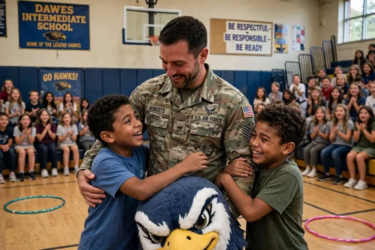 Illustration for the news story: Air Force Dad Wears the Mascot Suit to Surprise His Sons at Mobile’s Dawes Intermediate
