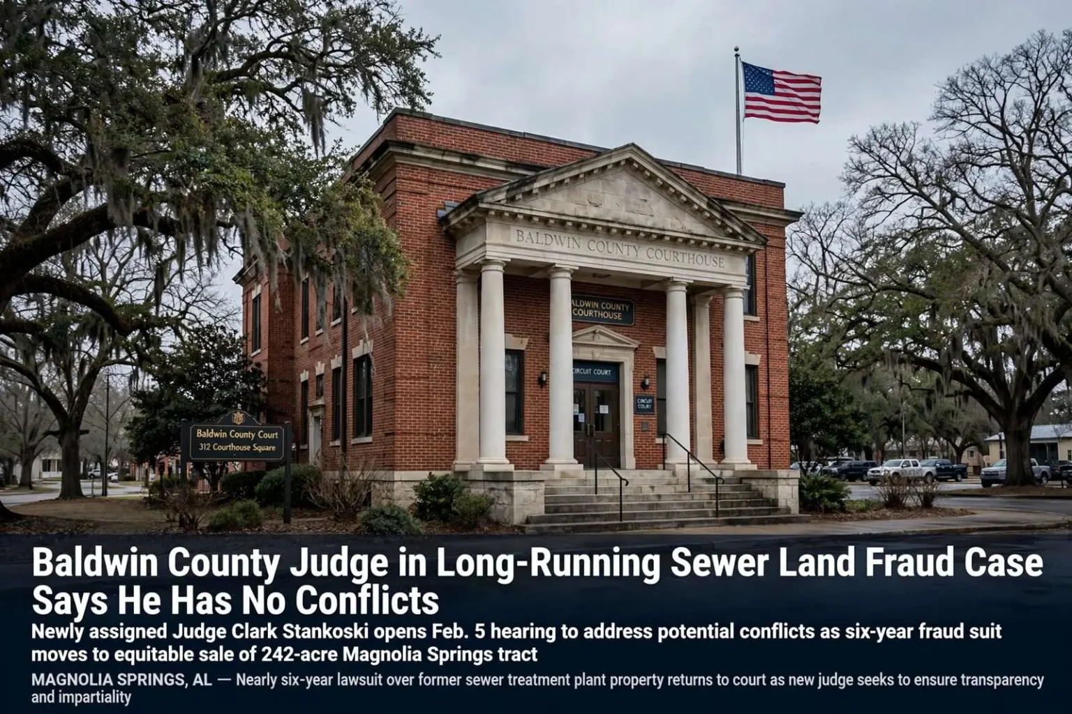 Illustration for the news story: Baldwin County Judge in Long-Running Sewer Land Fraud Case Says He Has No Conflicts
