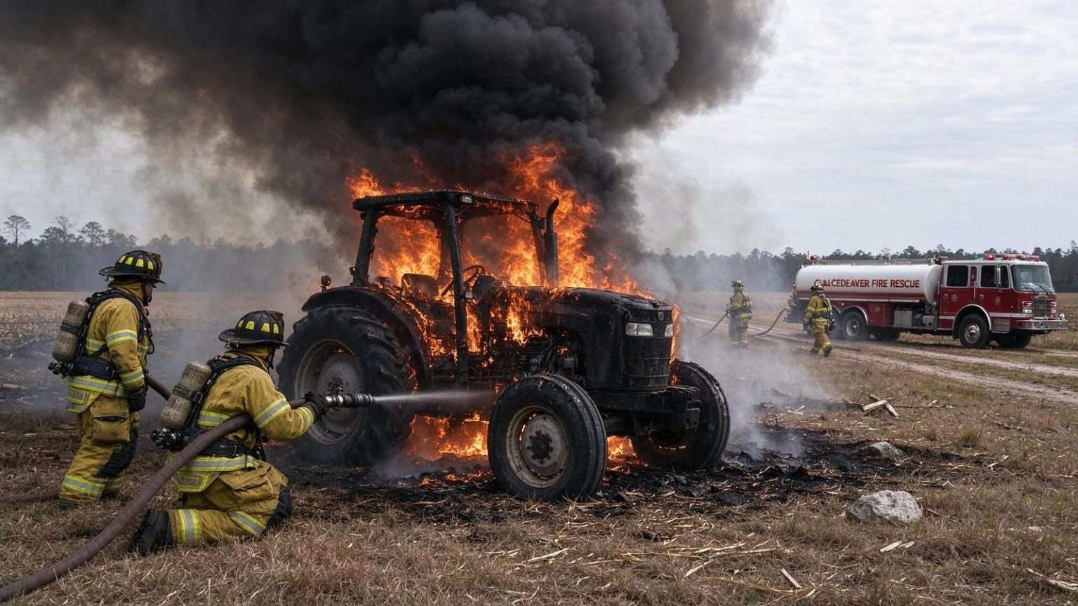 Illustration for the news story: Calcedeaver Firefighters Called to Tractor Engulfed in Flames in North Mobile County