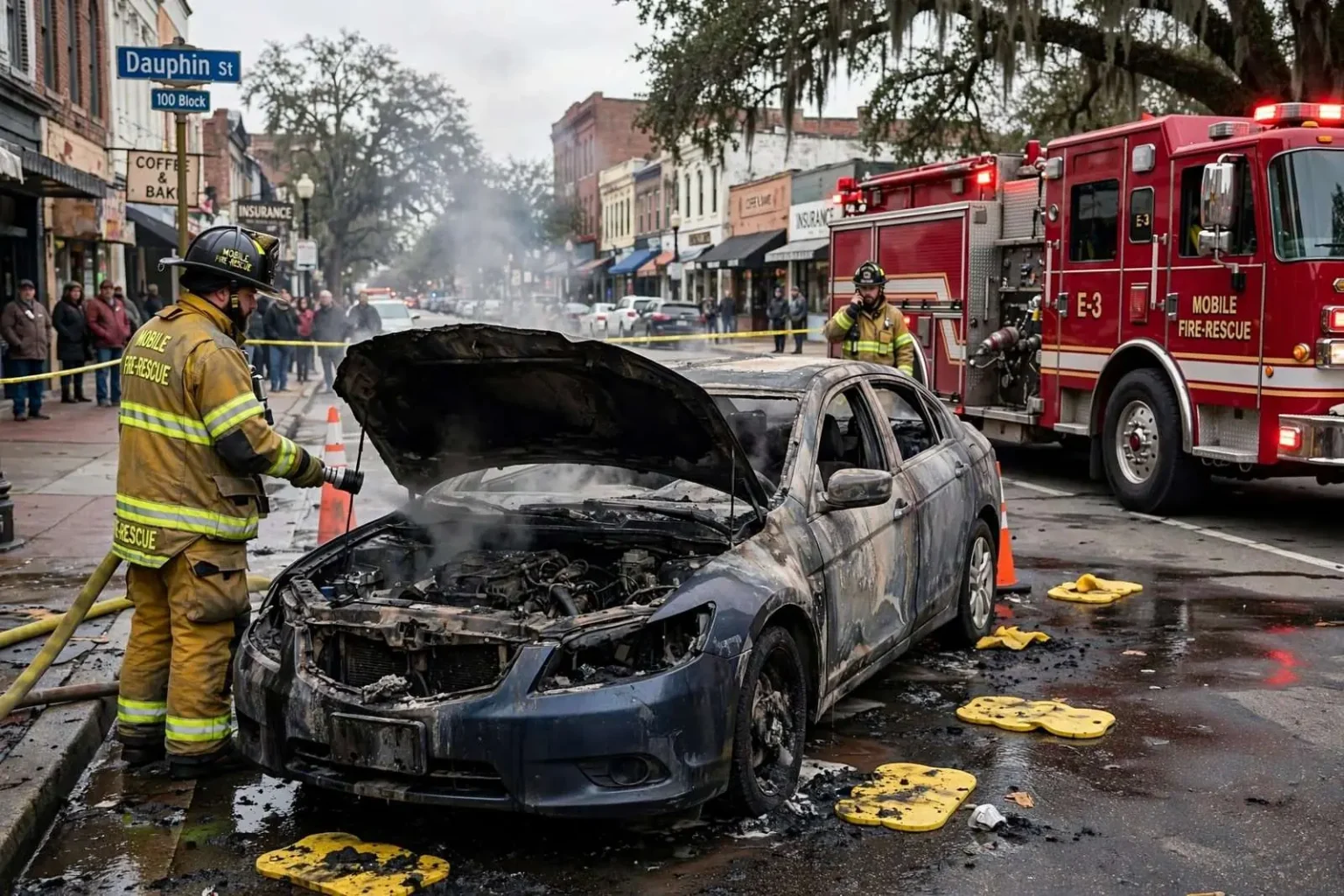 Illustration for the news story: Car catches fire near Dauphin Street in Mobile