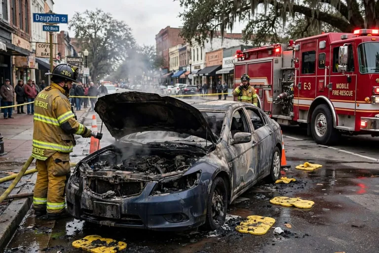 Illustration for the news story: Car catches fire near Dauphin Street in Mobile