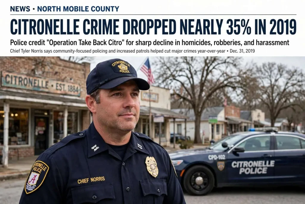 Illustration for the news story: Citronelle Crime Dropped Nearly 35% in 2019 as Police Launched ‘Operation Take Back Citro’