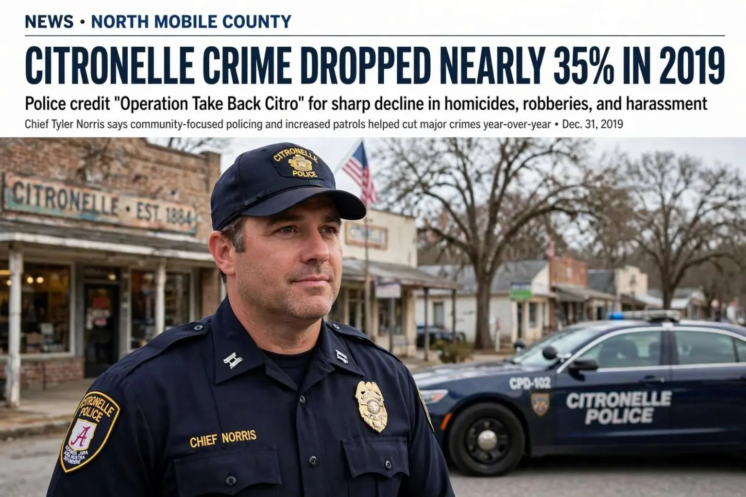 Illustration for the news story: Citronelle Crime Dropped Nearly 35% in 2019 as Police Launched ‘Operation Take Back Citro’