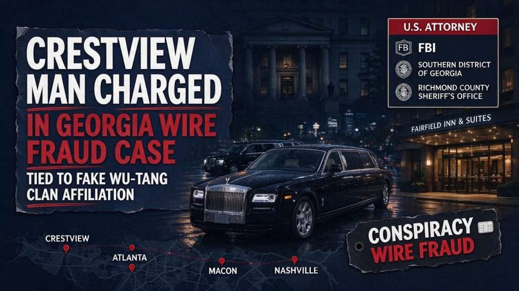 Illustration for the news story: Crestview Man Charged in Georgia Wire Fraud Case Tied to Fake Wu-Tang Clan Affiliation