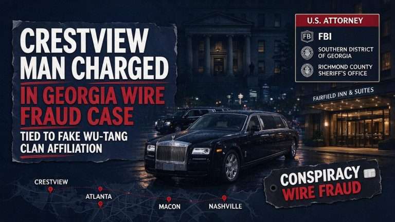 Illustration for the news story: Crestview Man Charged in Georgia Wire Fraud Case Tied to Fake Wu-Tang Clan Affiliation